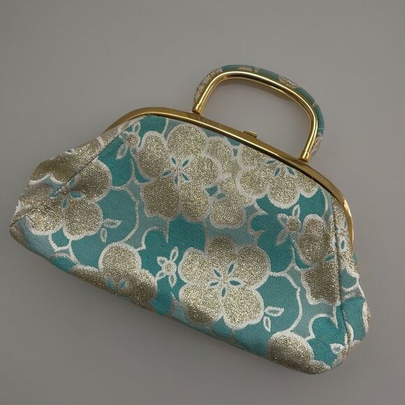 Banana Republic 2005 Silk Evening Clutch Bag Floral Gold Metallic Tiffany Blue - Picture 1 of 9